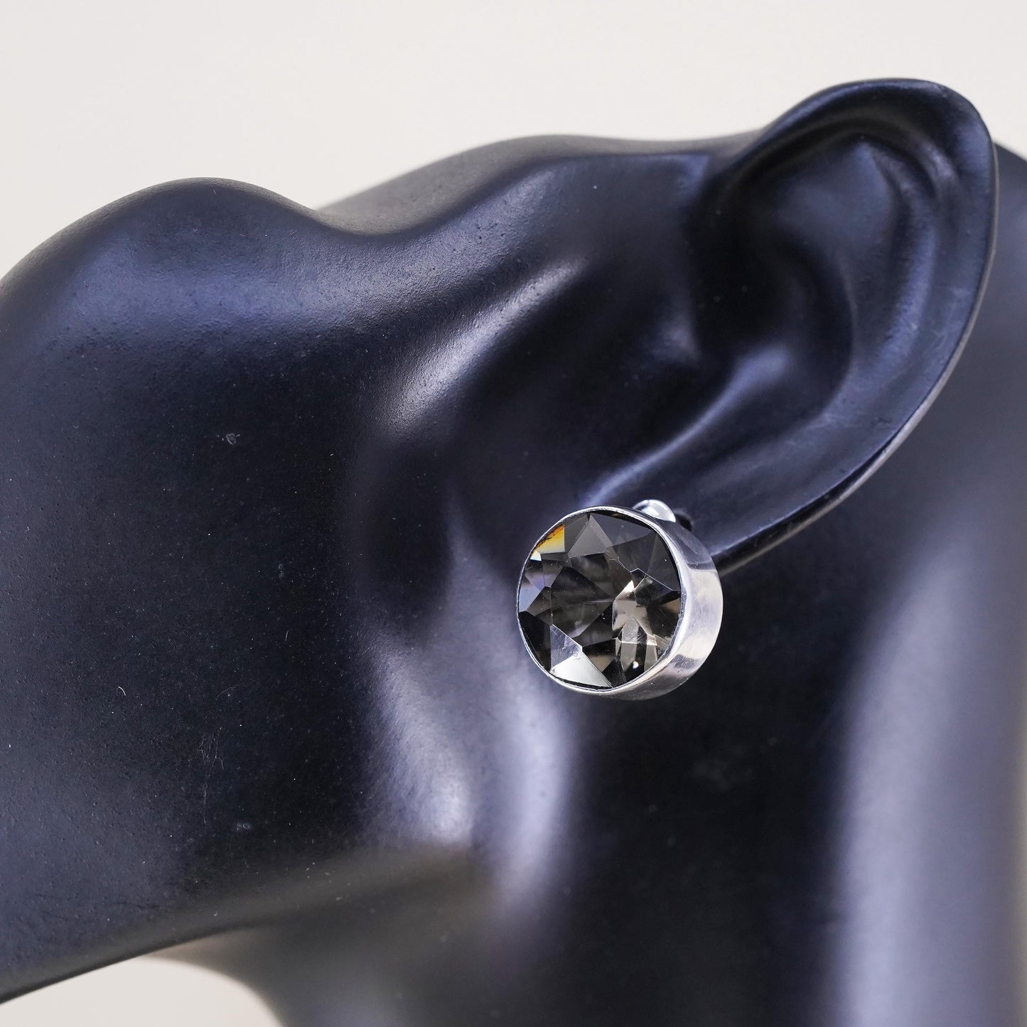 0.5”, Vintage sterling silver smoky quartz circle studs, fashion minimalist earrings