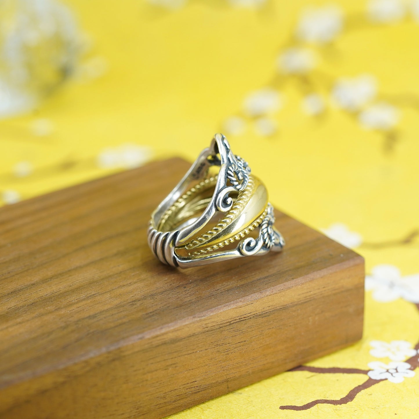 Size 10, VTG SW Carolyn Pollack Two Tone Brass Sterling Silver filigree Ring