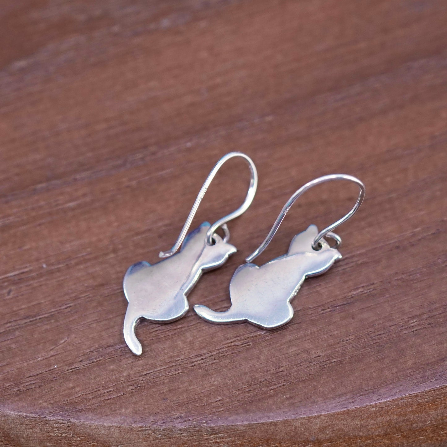 Vintage sterling silver handmade earrings, 925 kitty cat dangles