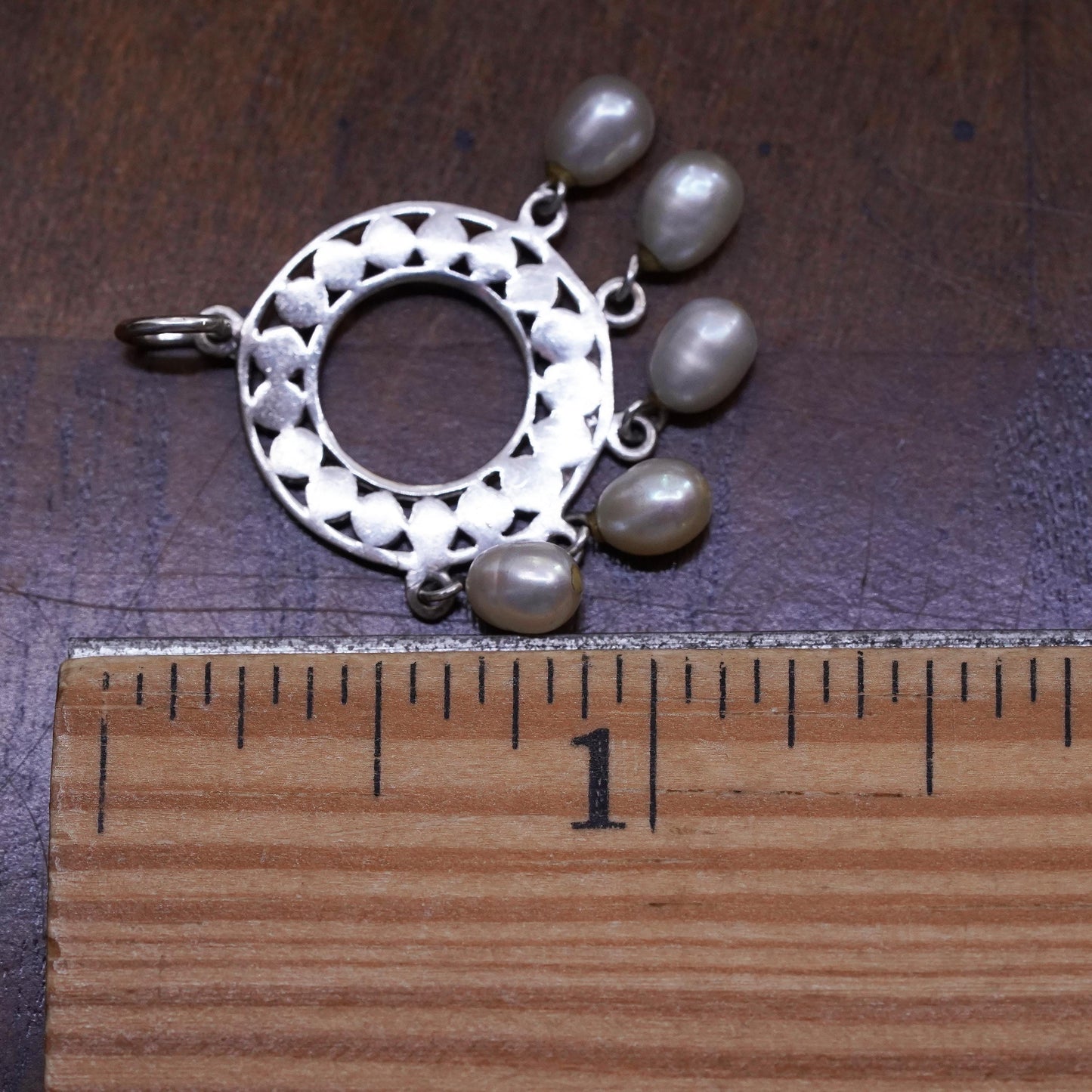 Vintage Sterling silver handmade pendant, 925 beaded circle with pearl dangles