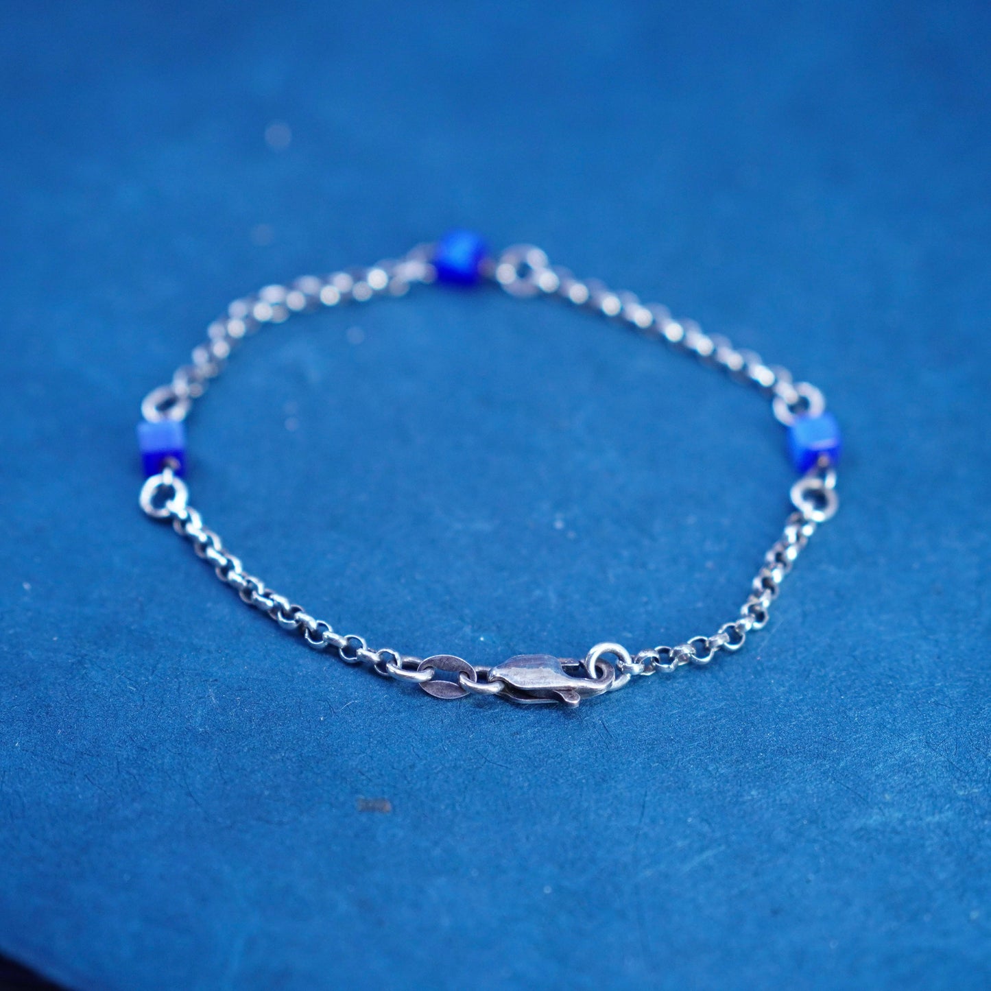 7”, Italy Sterling silver bracelet, 925 bold circle chain blue cats eye cubes