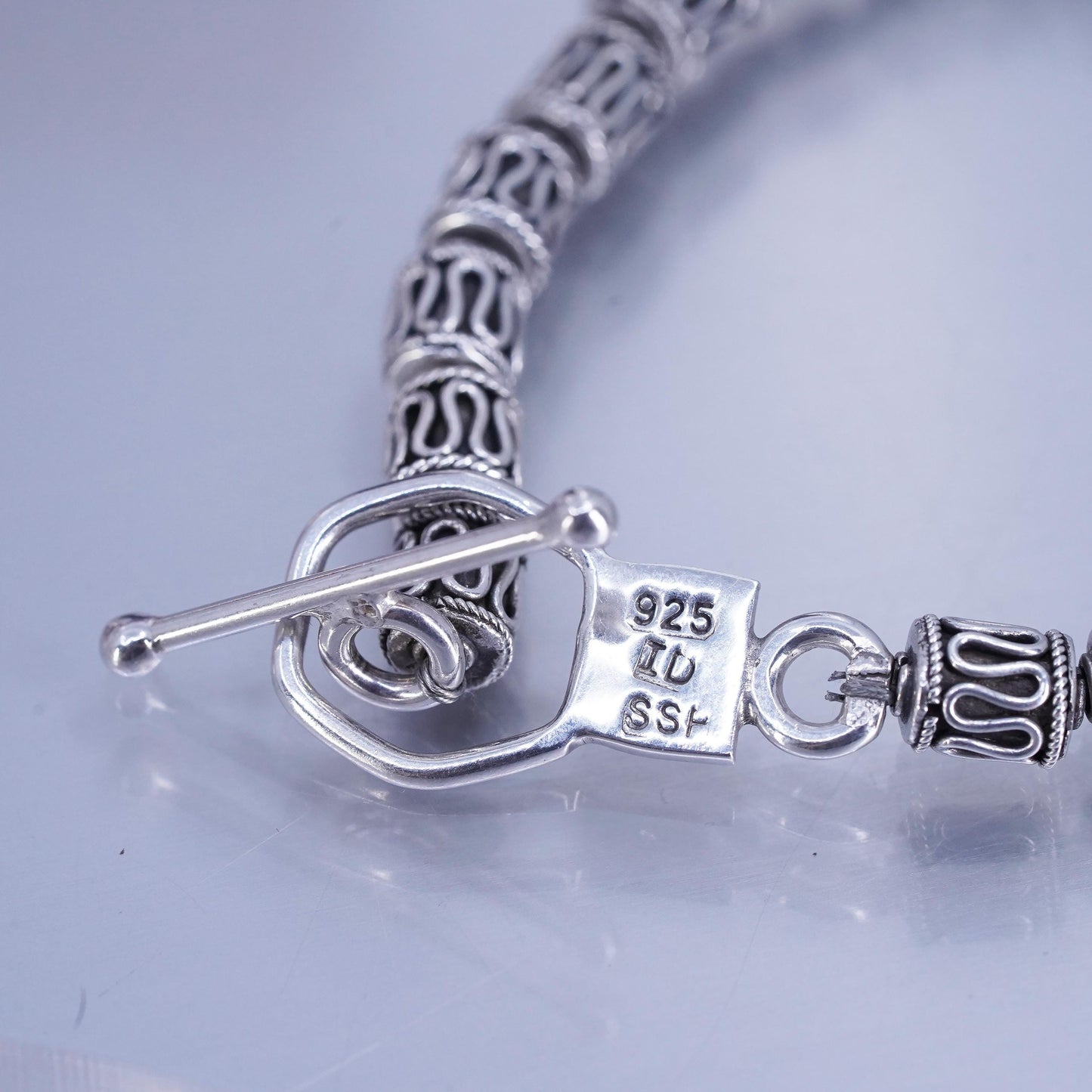 7”, Mexican Sterling 925 silver bracelet, filigree beads chain toggle closure