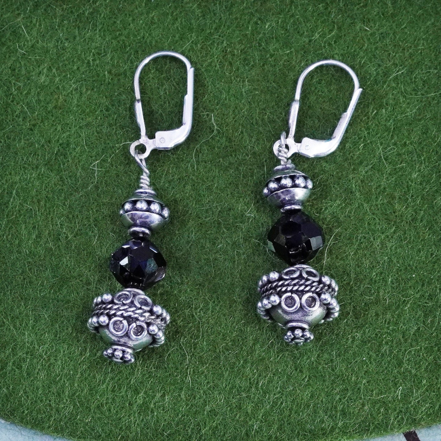 Vintage sterling 925 silver handmade earrings with smoky quartz and beads