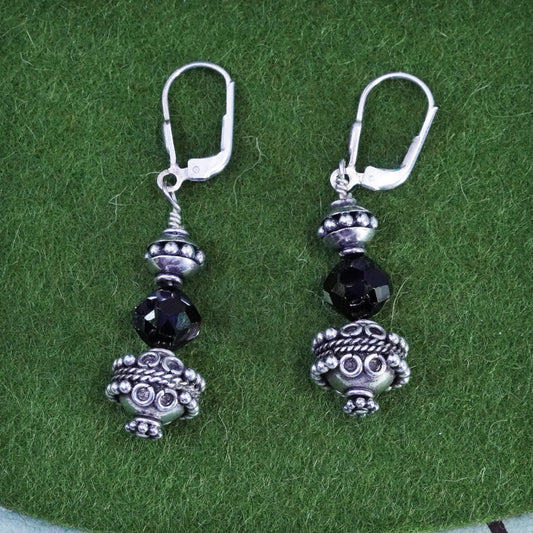 Vintage sterling 925 silver handmade earrings with smoky quartz and beads