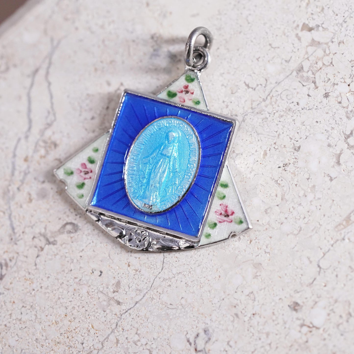 1950’s sterling 925 silver enamel miraculous Virgin Mary medal charm pendant