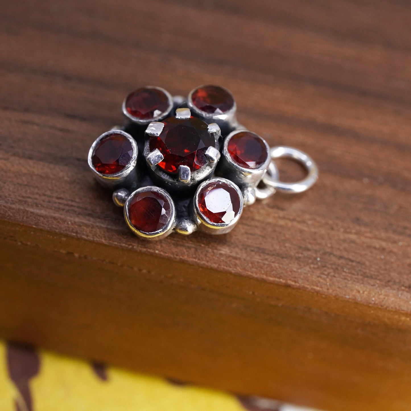 Vintage Sterling silver handmade pendant, 925 silver flower charm with garnet