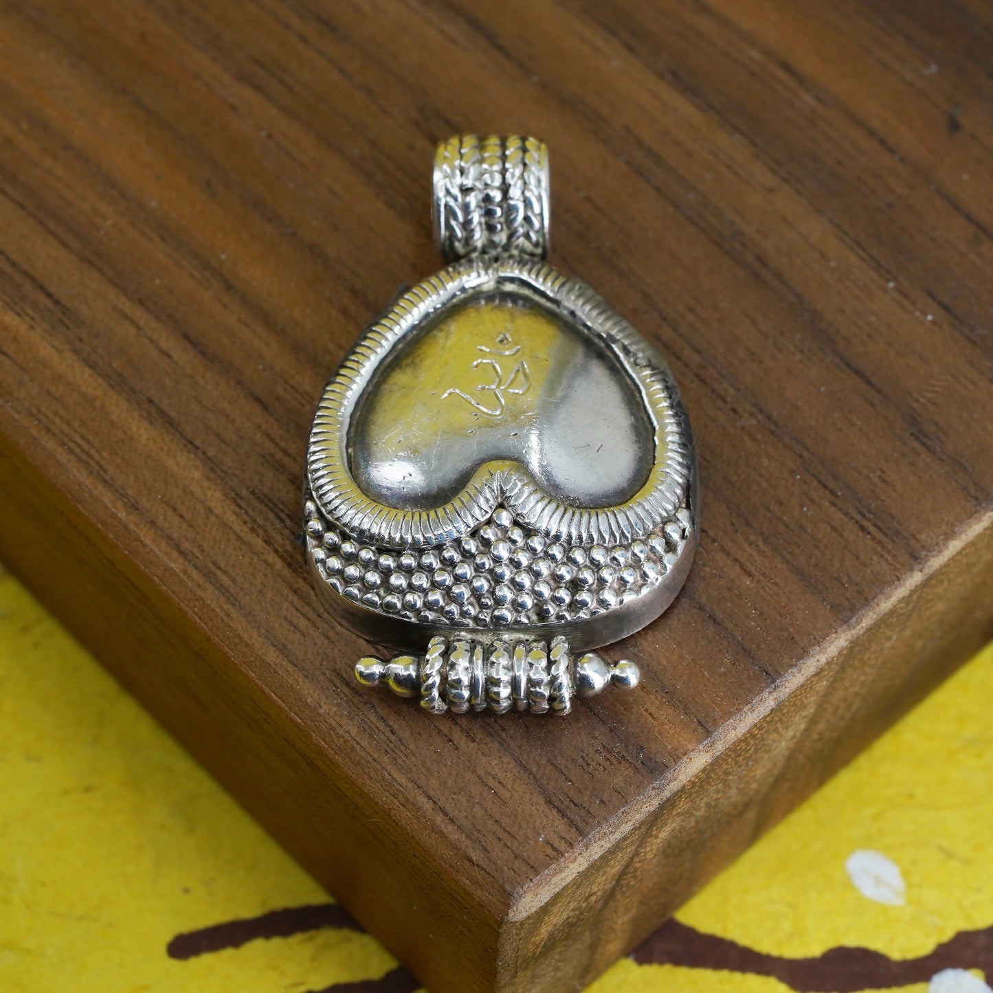 Sterling silver handmade pendant, 925 silver heart with om aum embossed beads