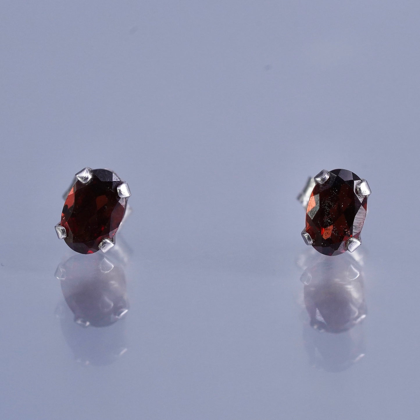 Vintage Sterling 925 silver handmade earrings, oval studs with ruby