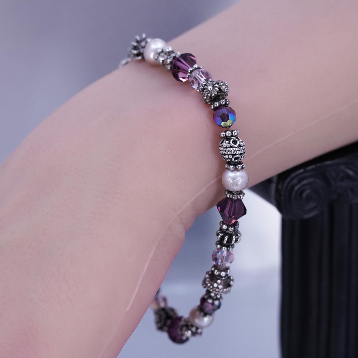 8”, vintage Sterling 925 silver handmade bracelet with pearl amethyst beads