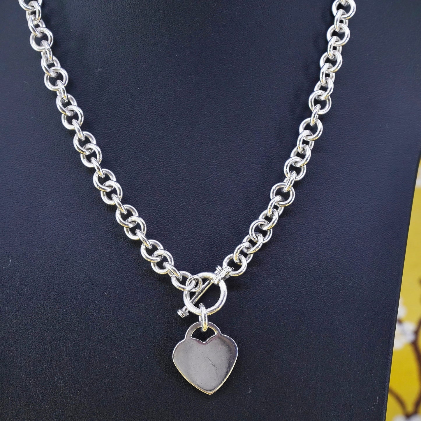 18" sterling silver necklace, 925 large bold circle chain with heart charm