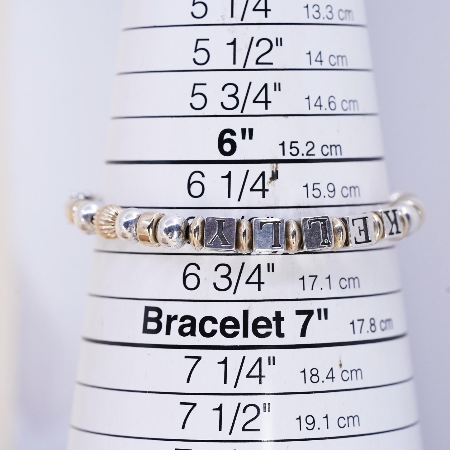 6.5", VTG Sterling 925 Silver 14K yellow gold beads bracelet name Kelly cubes