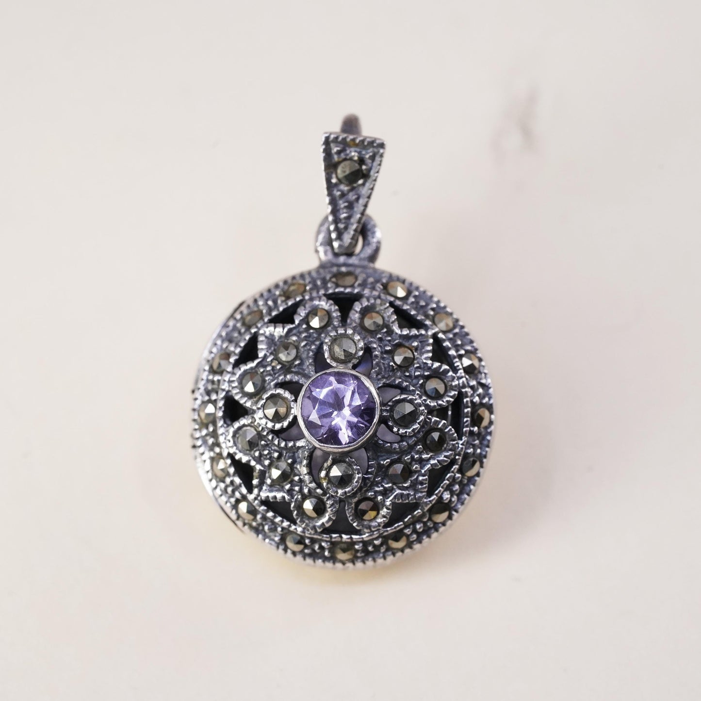 Sterling silver prayer circle locket pendant, 925 charm marcasite amethyst