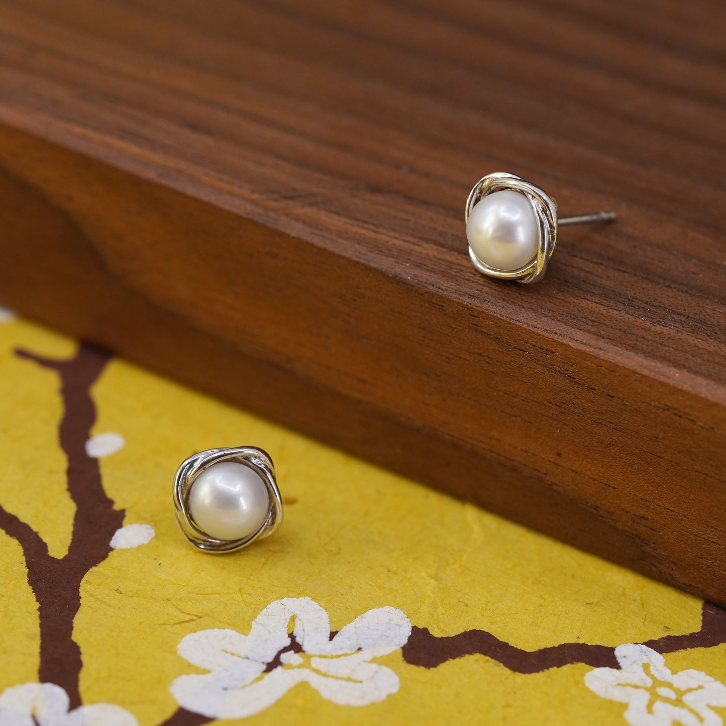 Vintage Sterling silver handmade earrings, 925 pearl studs
