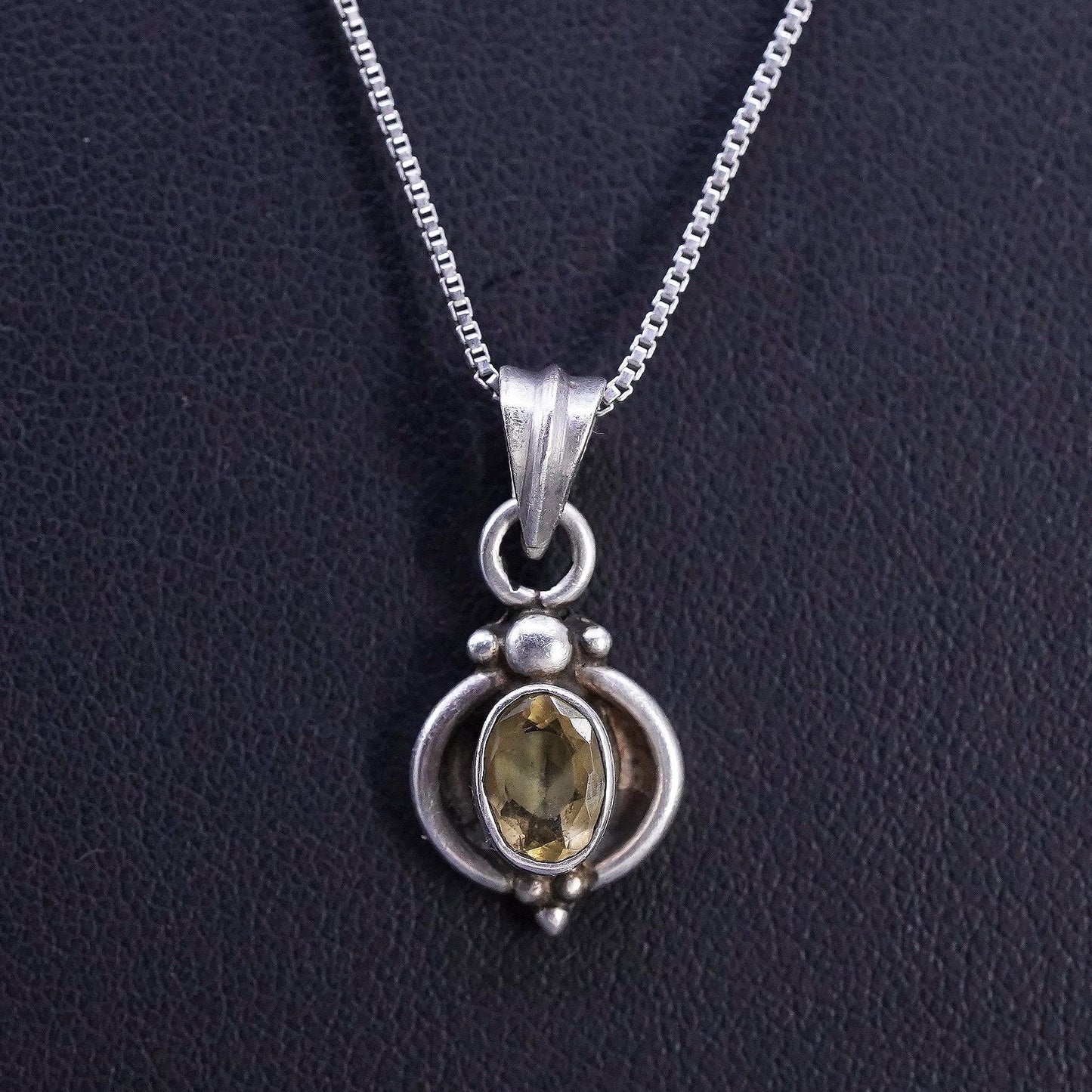 18" 1mm, vintage Sterling silver necklace, 925 box chain with citrine pendant
