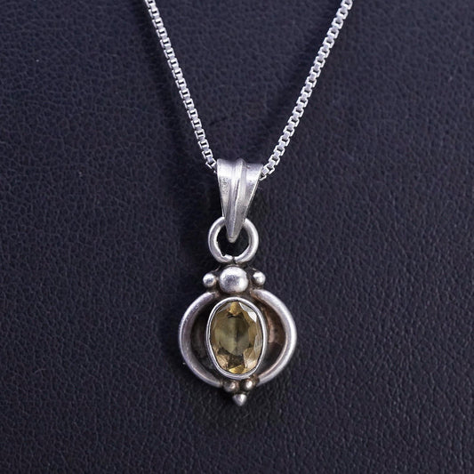 18" 1mm, vintage Sterling silver necklace, 925 box chain with citrine pendant