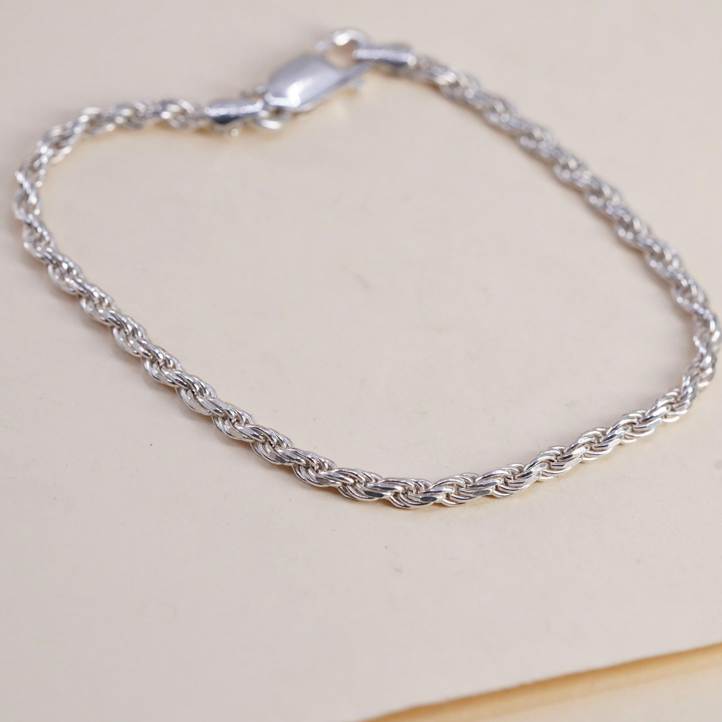 7" 3mm, Vintage Italian sterling 925 silver rope chain bracelet