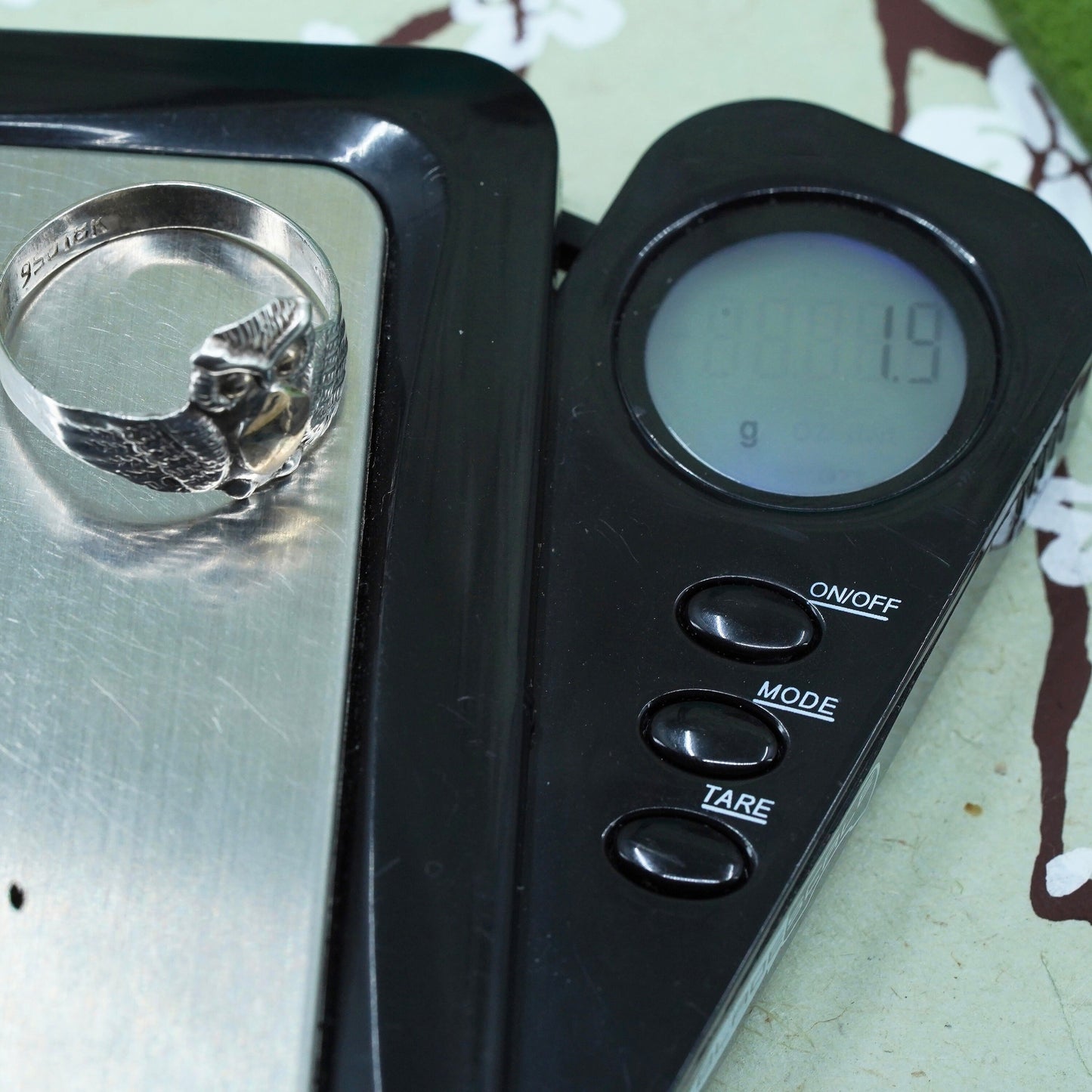 Size 9, two tone 18K Sterling silver handmade ring, 925 owl band golden eyes