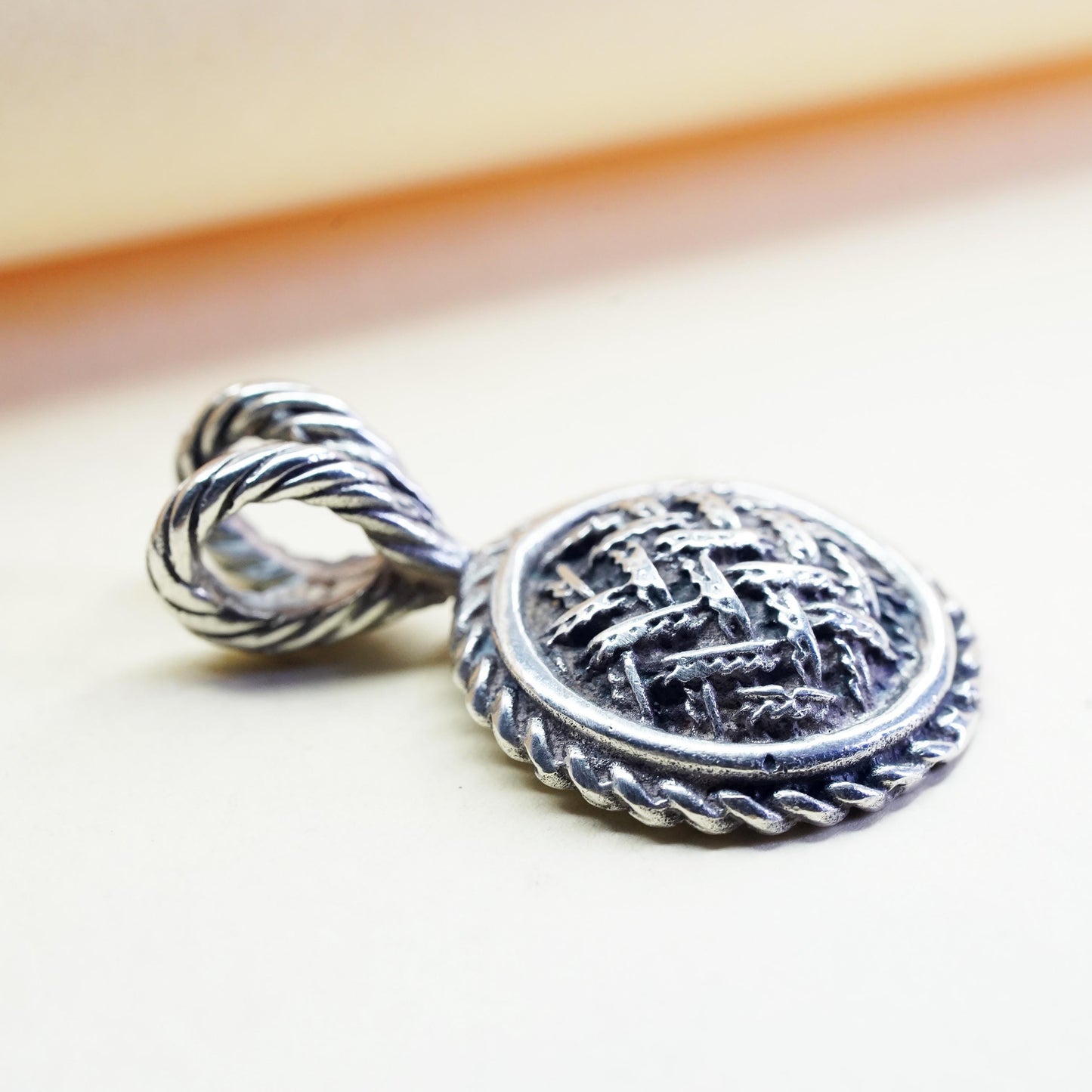 VTG Mexican sterling silver handmade pendant, 925 braided woven textured circle