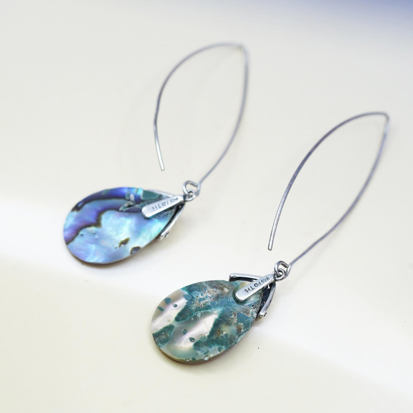 Vintage Thailand FD sterling 925 silver handmade teardrop earrings with abalone