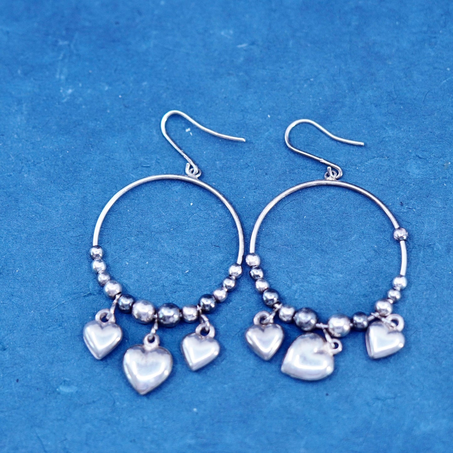 Vintage Italian Sterling silver handmade circle earrings, 925 heart charms