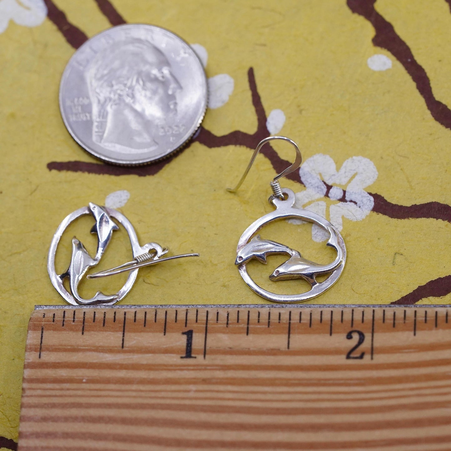 Vintage Sterling silver handmade earrings, 925 dolphin dangle