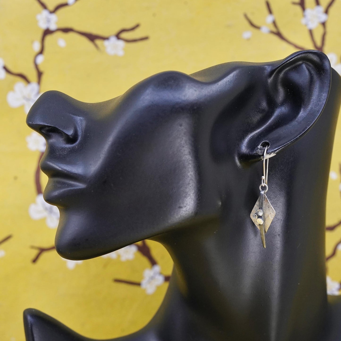 Vintage handmade sterling silver earrings, 925 hammered disc with cz and beads