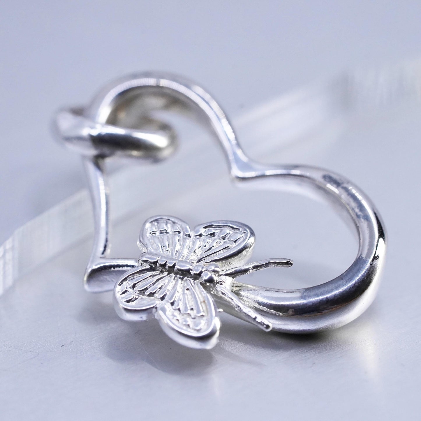 Vintage sterling 925 silver handmade heart pendant with butterfly