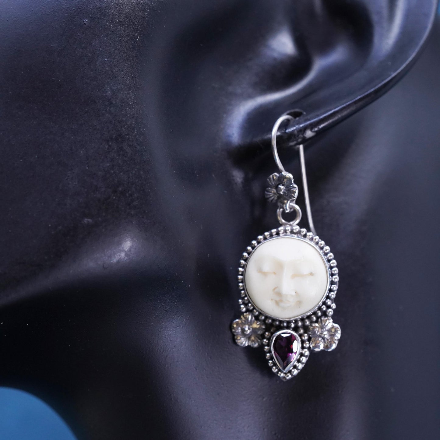 sterling silver 925 floral earrings with carved moonface and teardrop ruby