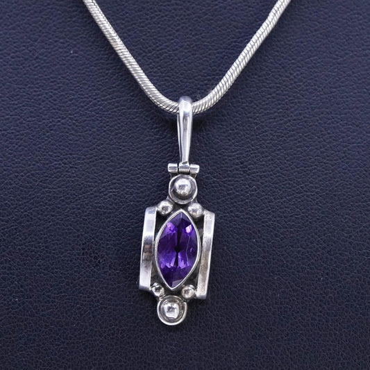 16", vintage Italian Sterling 925 silver snake chain necklace amethyst pendant