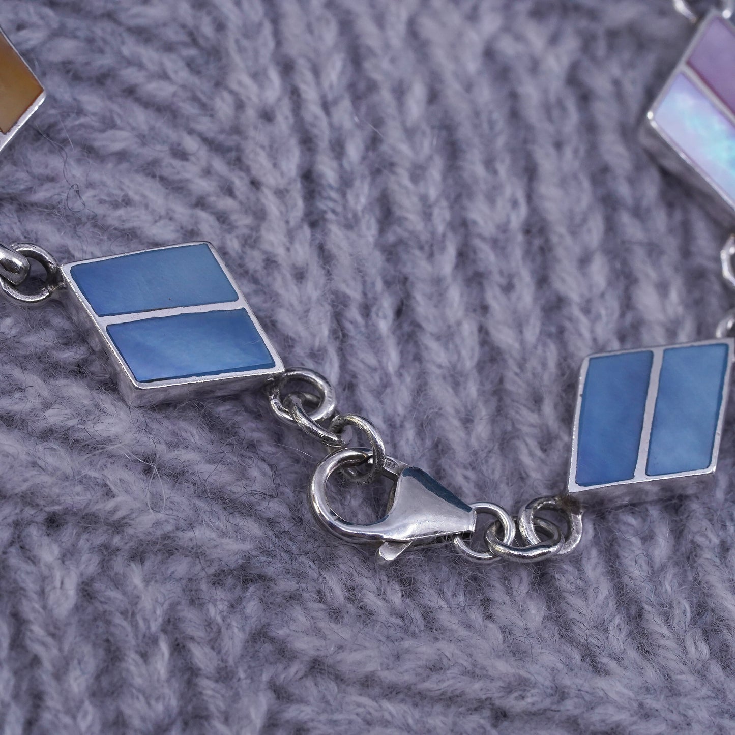 7", vintage sterling 925 silver handmade bracelet with mother of pearl inlay