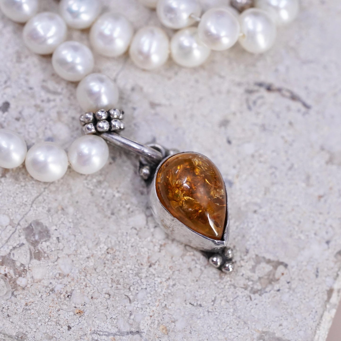 18", Sterling 925 silver necklace with freshwater pearl amber teardrop pendant