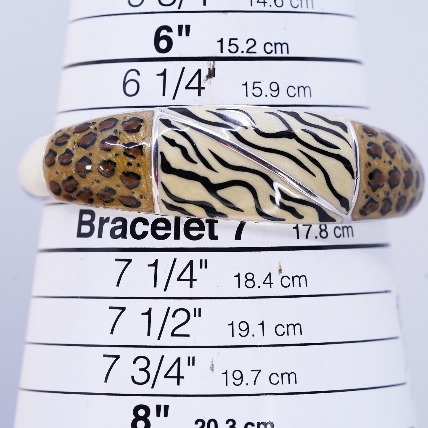 6.75", VTG Sign Italy CA 925 Sterling Leopard zebra Stripe Enamel cuff Bracelet