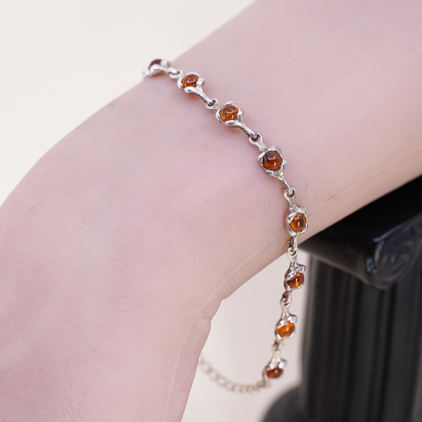 6+2", Vintage sterling 925 silver handmade bracelet with amber links