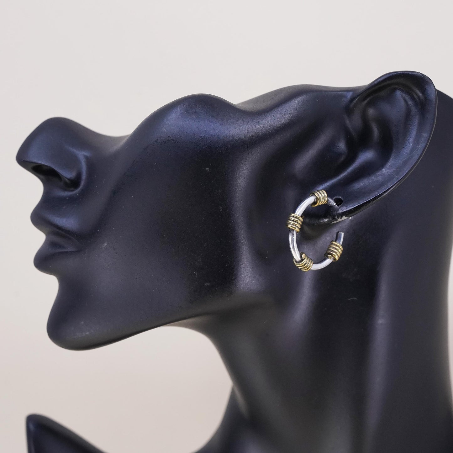 1", Vintage two tone sterling silver single earring, hoop stud with brass wired