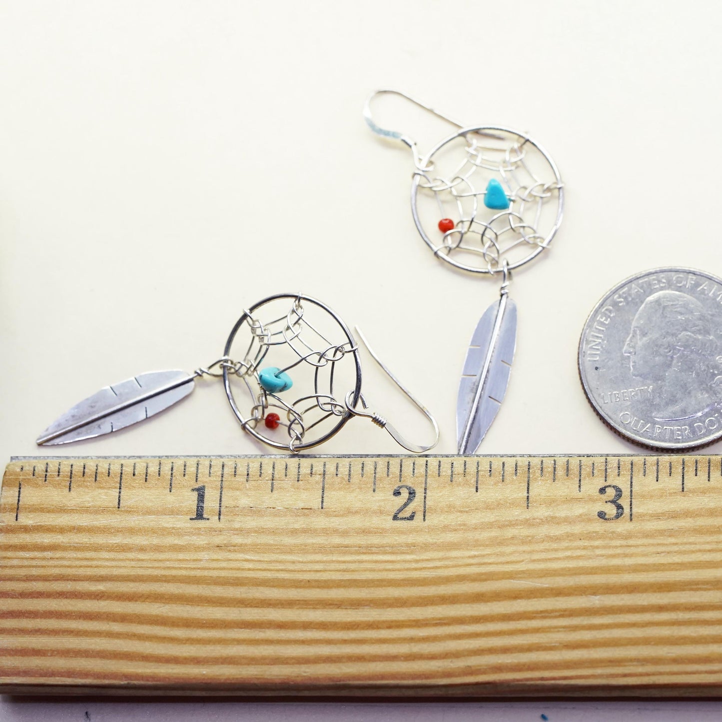 Native American Sterling silver earrings, 925 turquoise coral feather dangles