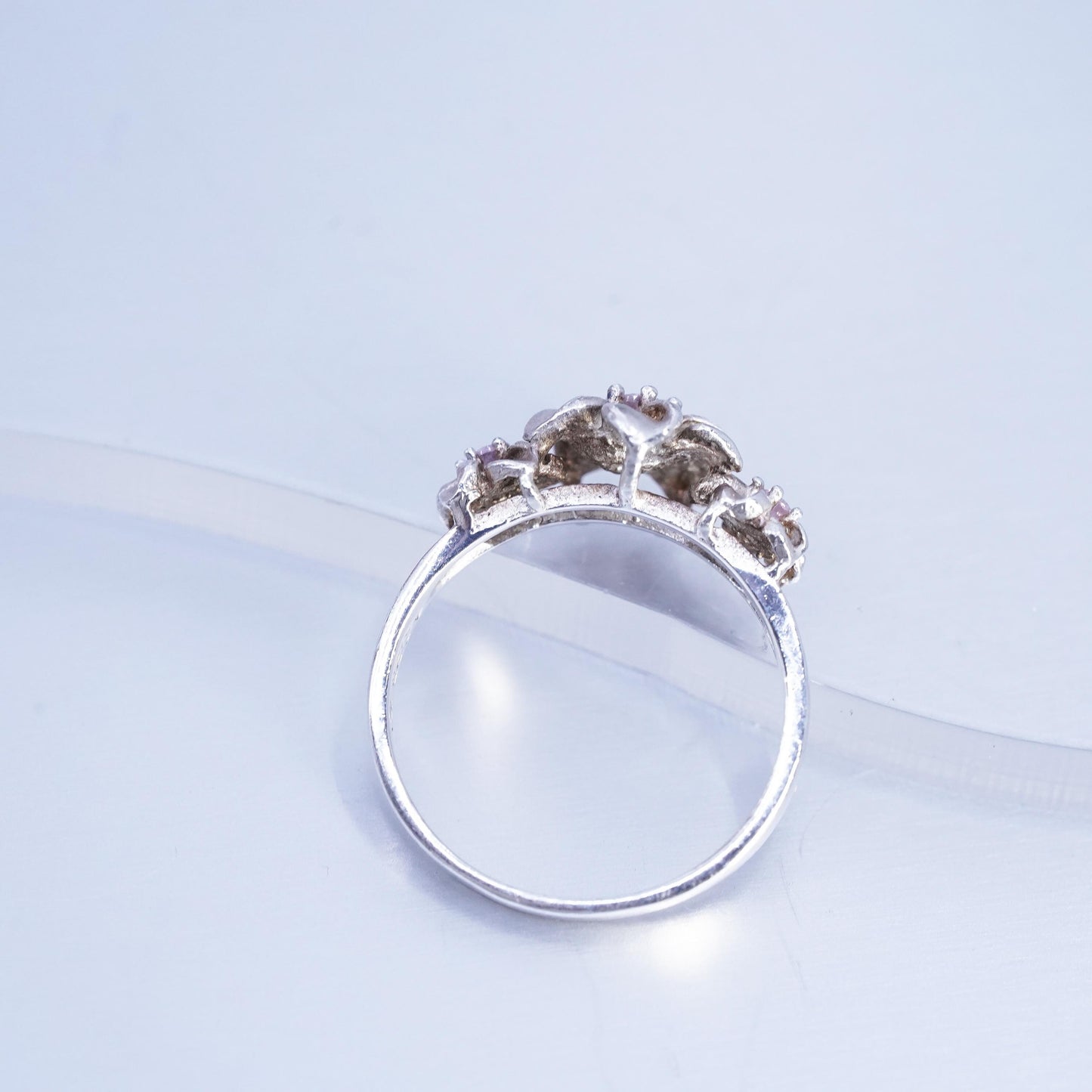 Size 6, vintage Sterling 925 silver handmade ring, plumeria flower band pink cz