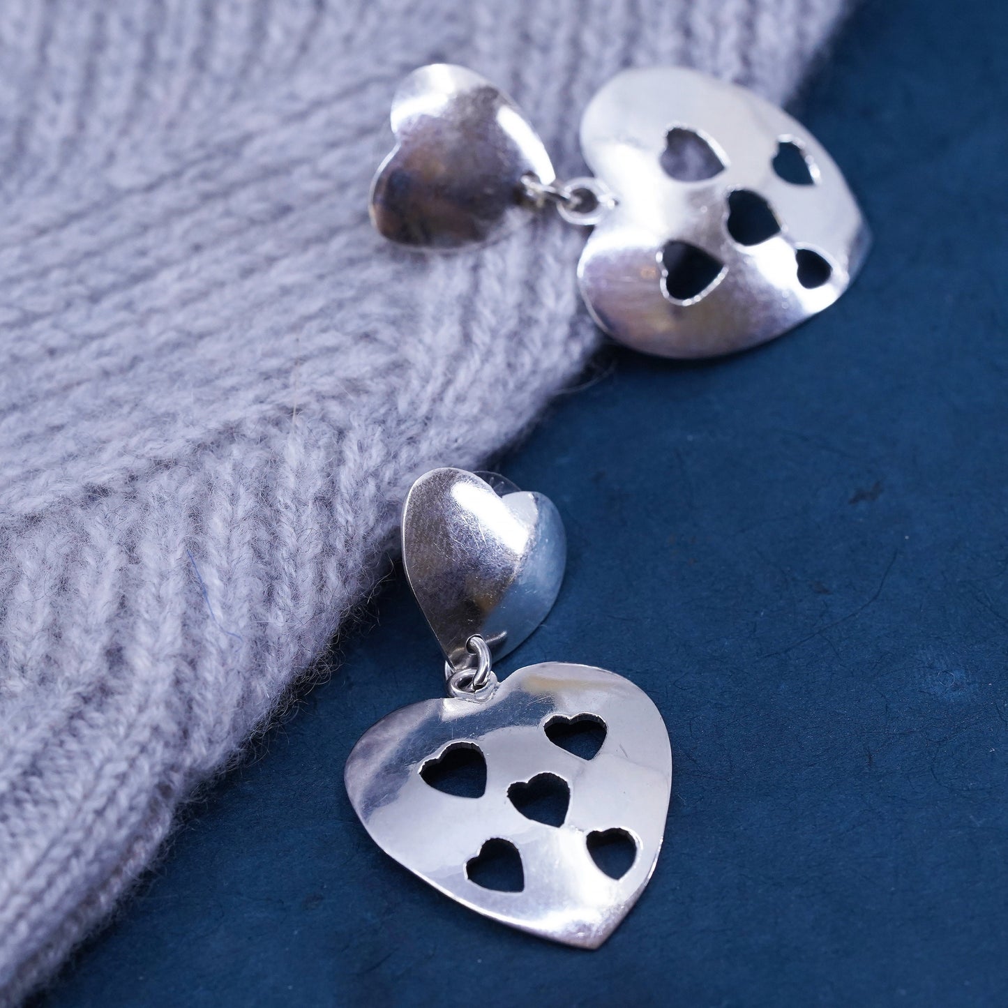 Mexican Sterling silver handmade earrings, 925 heart dangles with heart cut out
