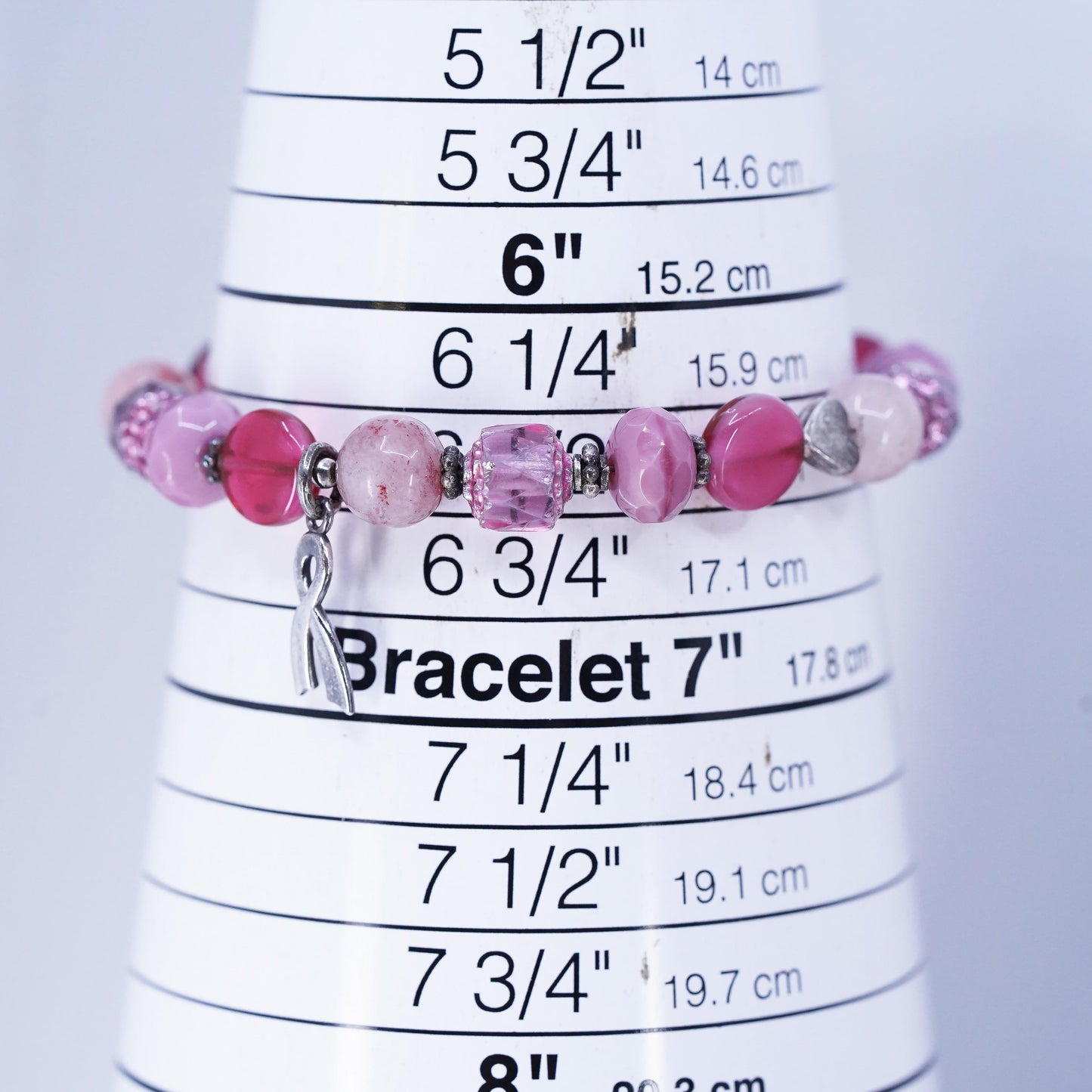 6.5", Sterling 925 Silver Bracelet pink Agate cure breast cancer ribbon charm