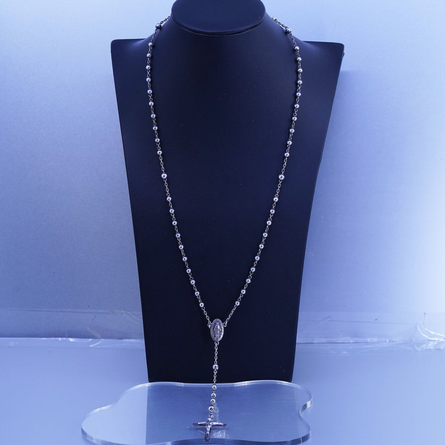 24”, Georgia sterling silver rosary necklace circle chain Jesus cross beads