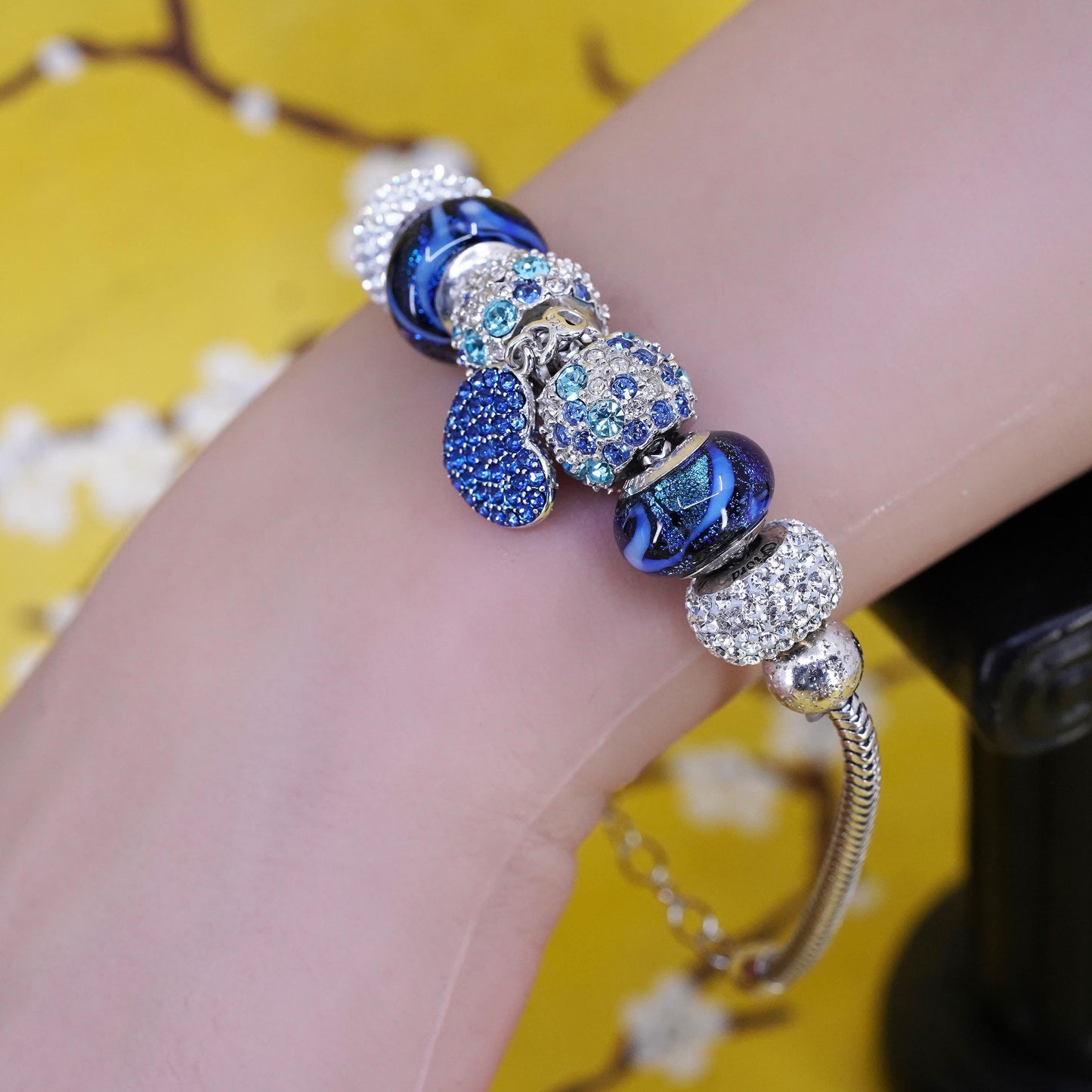 7+1", Fiora sterling silver bracelet, 925 snake chain glass beads heart charm
