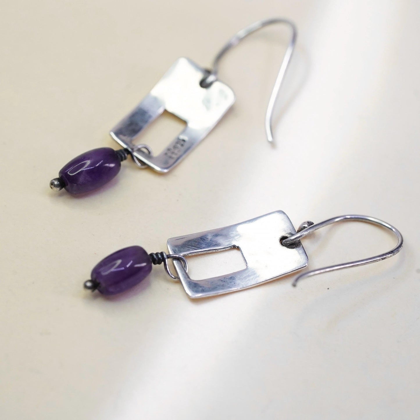 Vintage Far Fetched Sterling 925 Silver Handmade rectangular Earrings amethyst