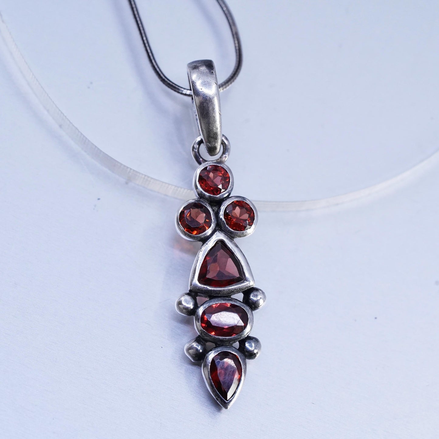 16", Vintage sterling 925 Silver snake chain necklace with garnet pendant