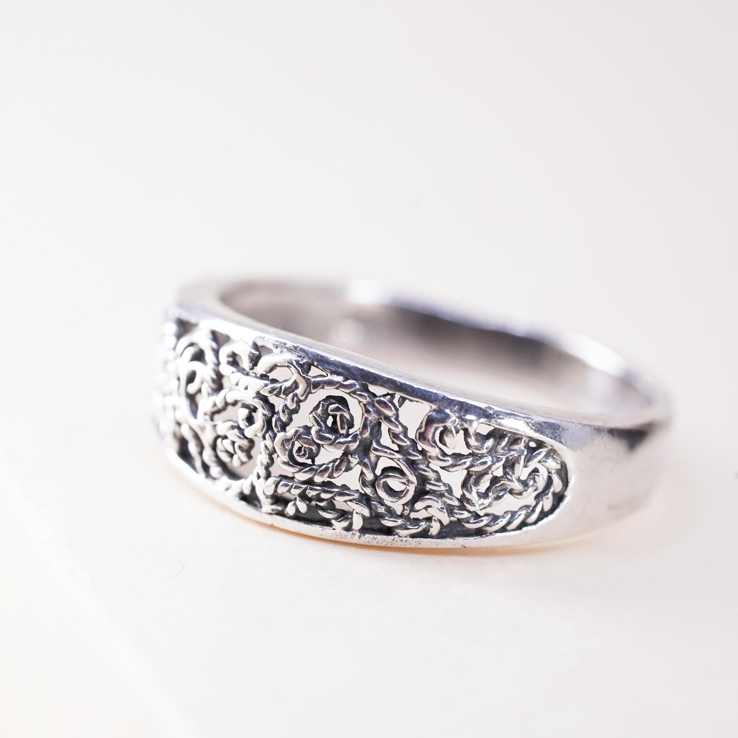Size 9, Vintage sterling silver handmade filigree ring, 925 band