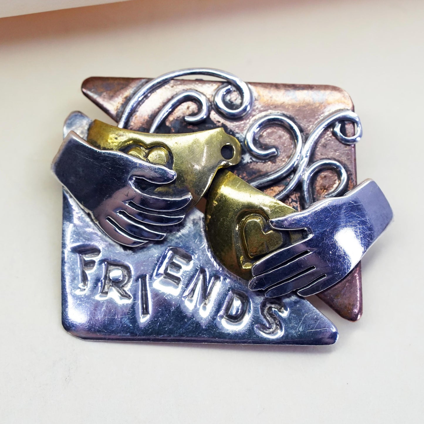 Vintage triple tone Sterling silver brooch, 925 friends bird hands pin brass