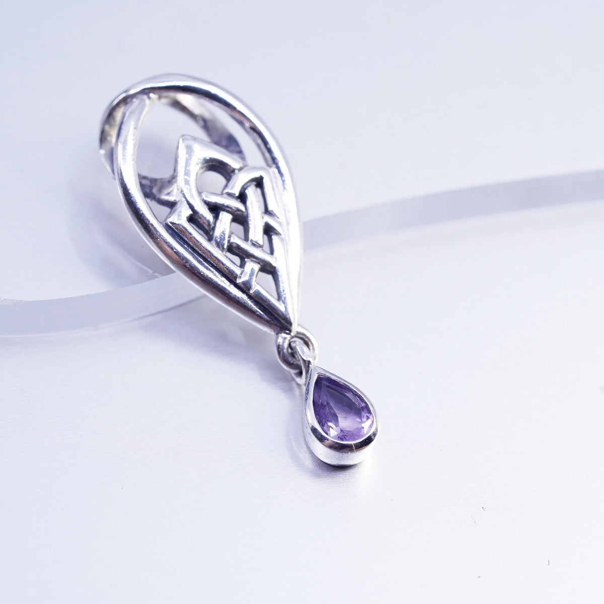 Vintage sterling 925 silver Irish Celtic knot teardrop pendant amethyst charm