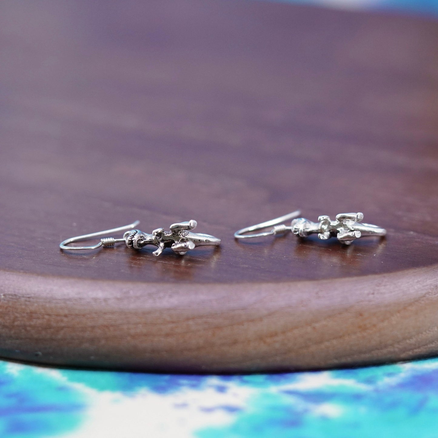 Vintage Sterling silver handmade earrings, 925 dinosaur, T-Rex drops