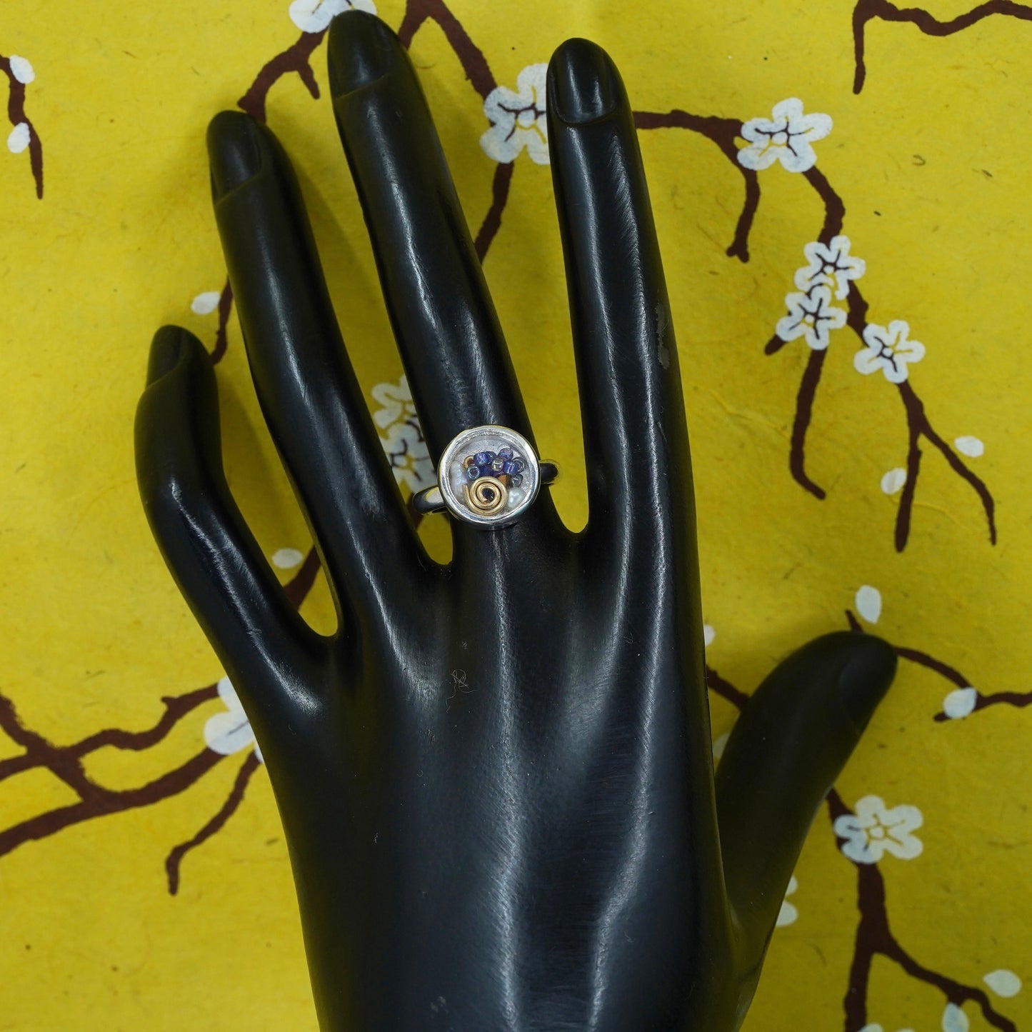 Size 7, vintage Sterling 925 silver handmade Pearl cage ring with cluster pearl