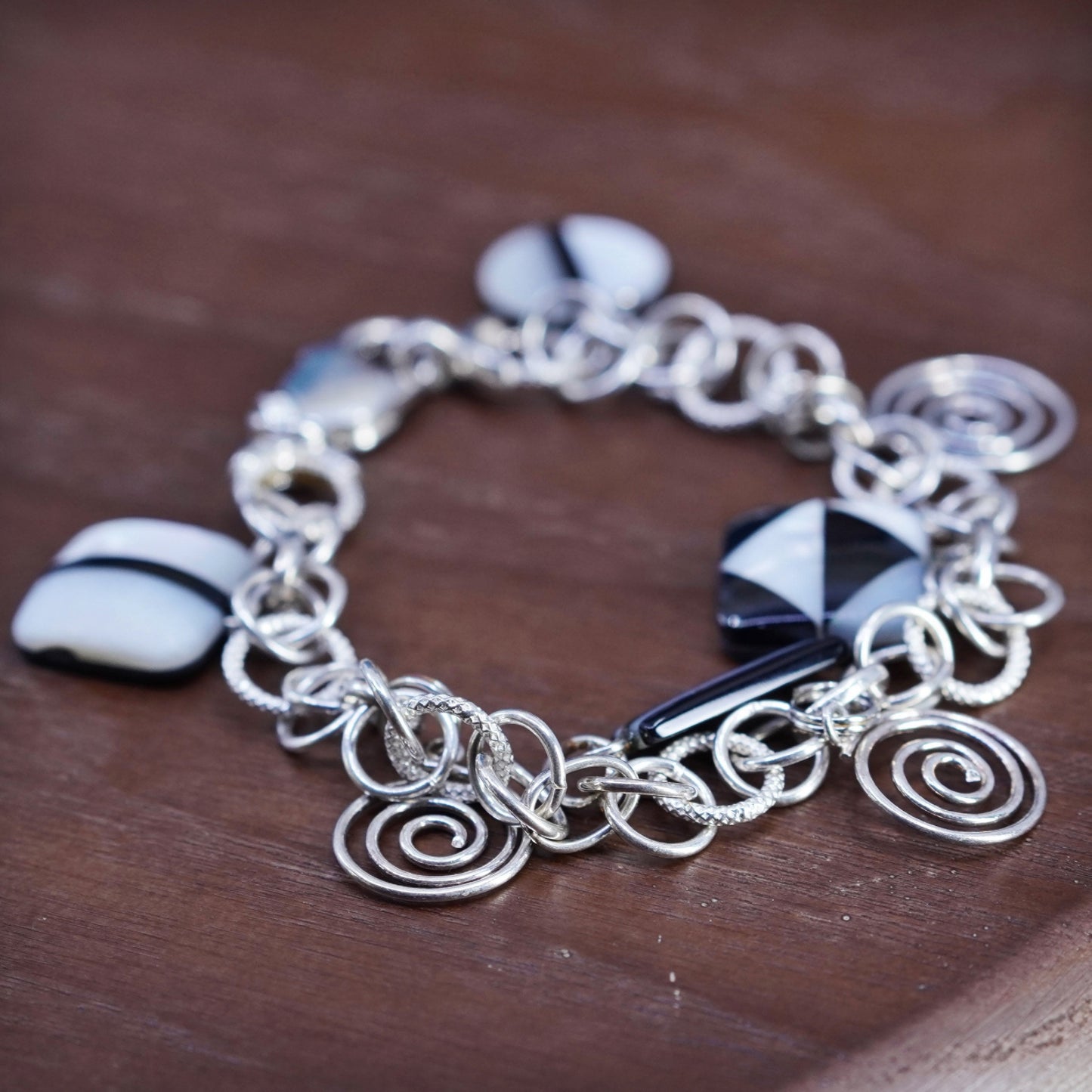 5.5”, Sterling silver bracelet, textured 925 circle chain glass swirly Charms