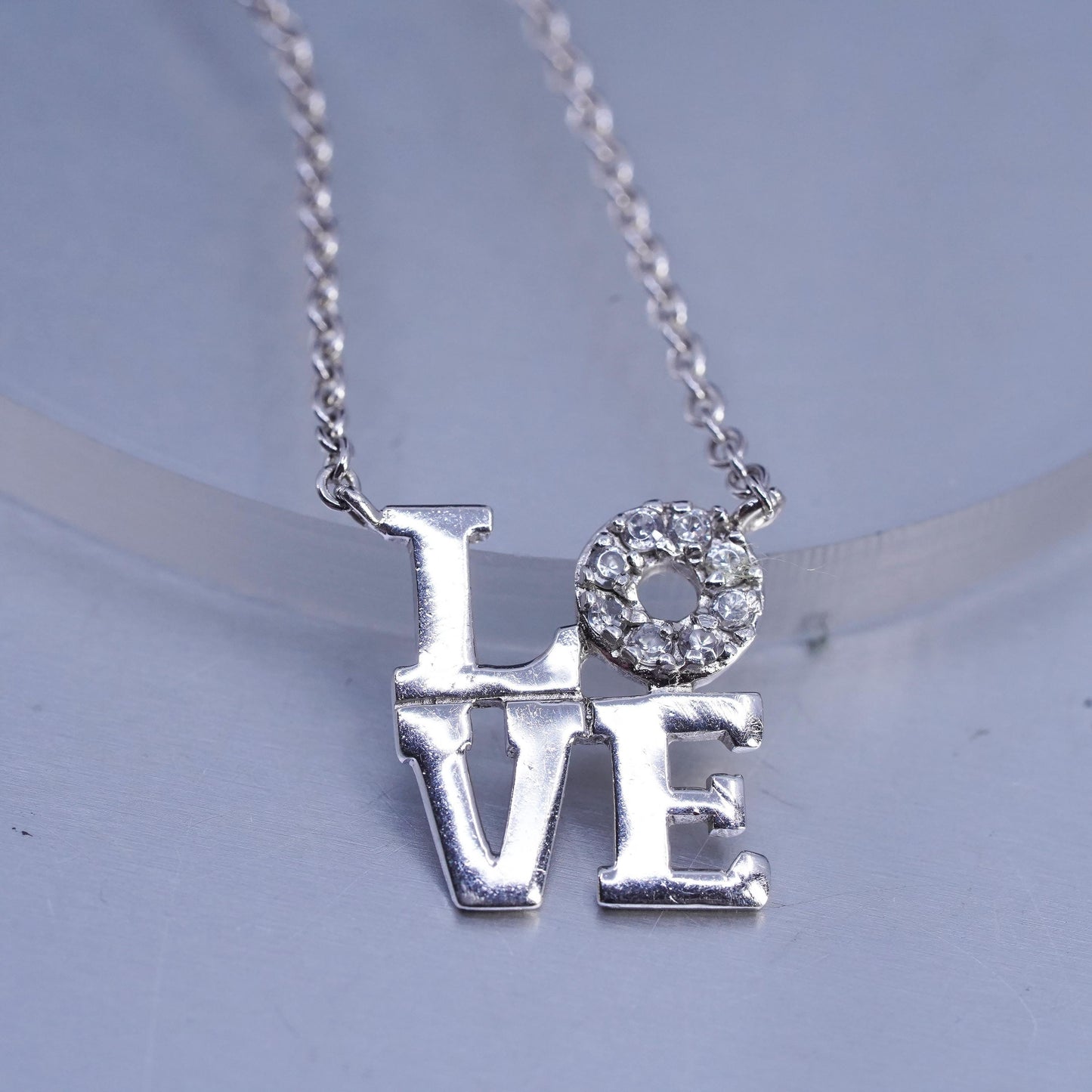 16", vintage Sterling 925 silver circle pendant necklace with love pendant Cz