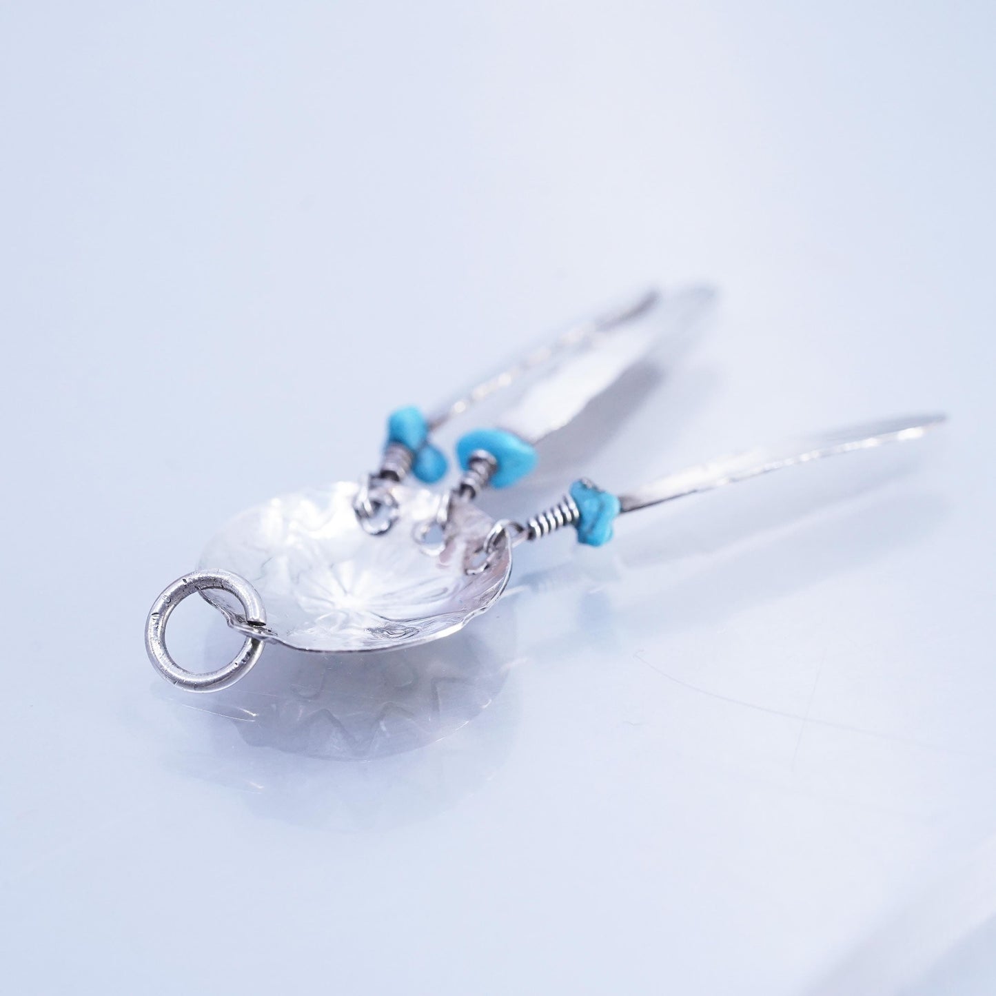 Native American sterling 925 silver circle pendant feather dangles turquoise